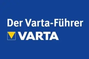 Logo von Varta mit dem Text „Der Varta-Führer“ auf blauem Hintergrund. Enthält das Varta-Logo und Schrift.